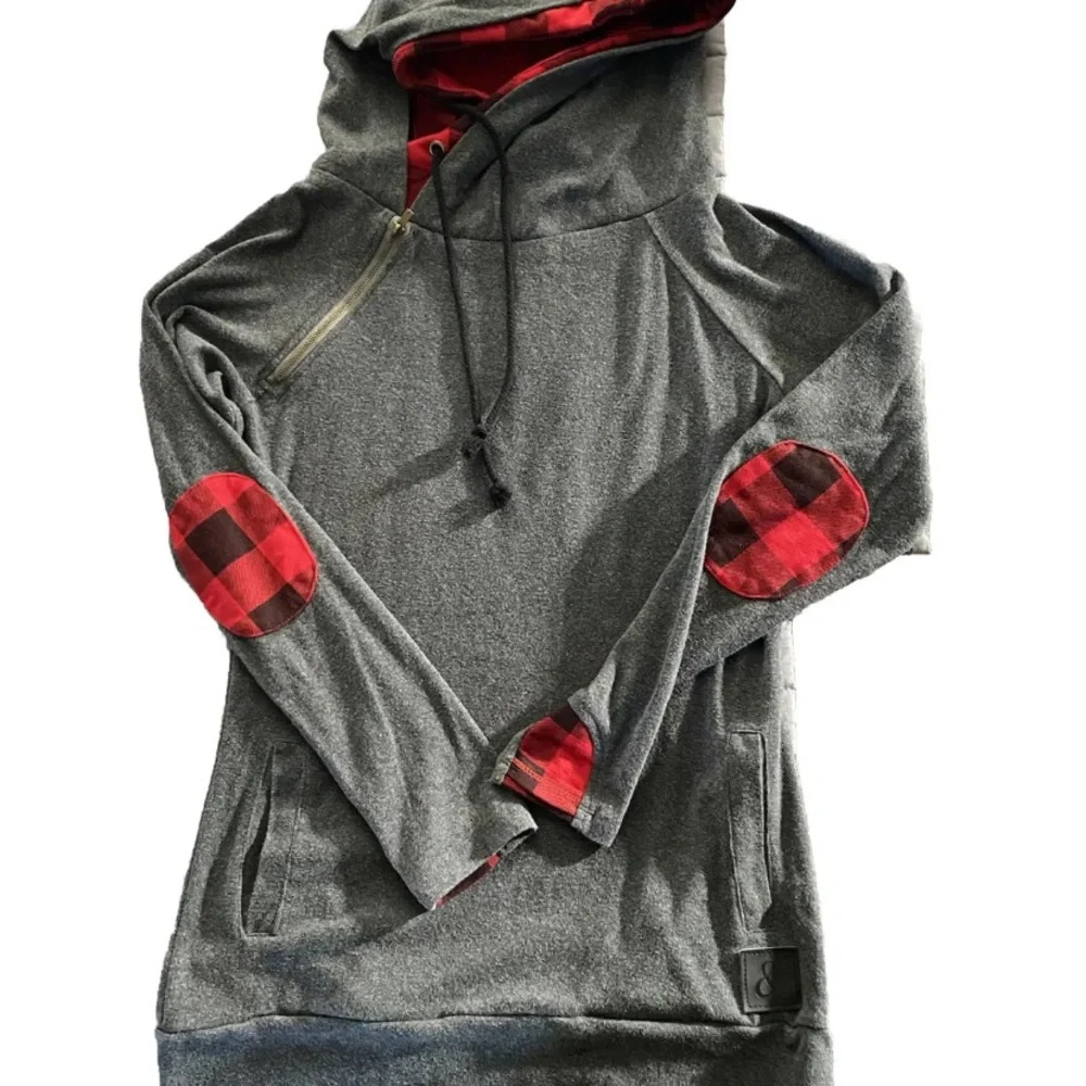 & Double Hood Gray & Buffalo Plaid Side Zip Hoodie Sweatshirt with Thumbholes!